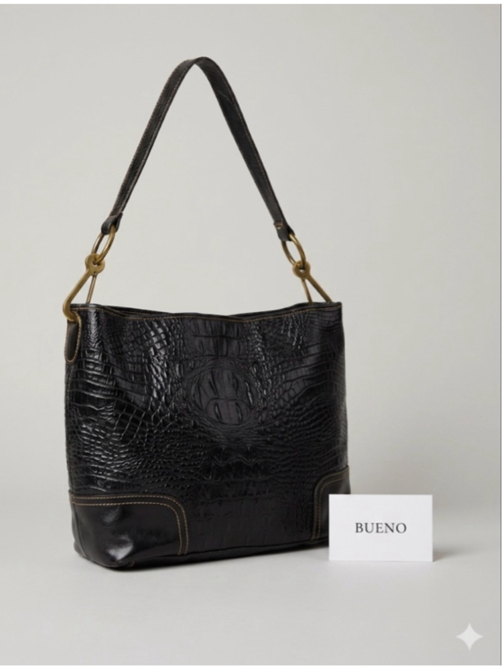 Bueno Black Croc Embossed Shoulder Bag with Gold Toned Hardware